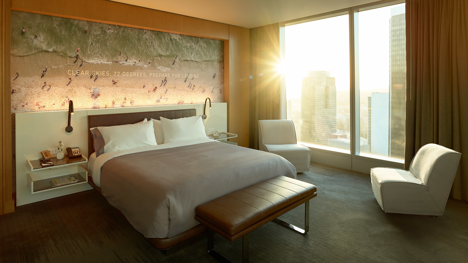 Bright sun illuminating cozy bedroom